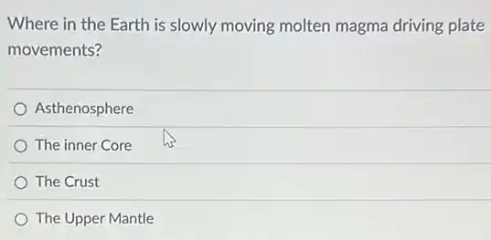Where in the Earth is slowly moving molten magma driving plate
movements?
Asthenosphere
The inner Core
The Crust
The Upper Mantle