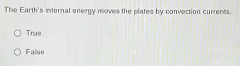 The Earth's internal energy moves the plates by convection currents.
True
False