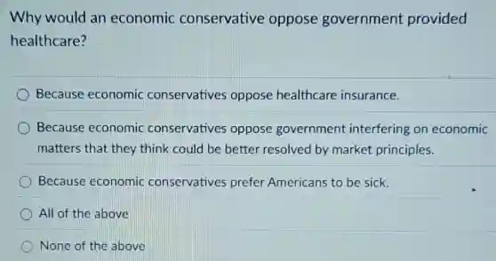 Why would an economic conservative oppose government provided
healthcare?
Because economic conservatives oppose healthcare insurance.
Because economic conservatives oppose government interfering on economic
matters that they think could be better resolved by market principles.
Because economic conservatives prefer Americans to be sick.
All of the above
None of the above