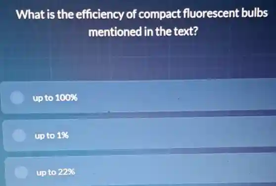 What is the efficiency of compact fluorescent bulbs
mentioned in the text?
up to 100% 
up to 1% 
up to 22%