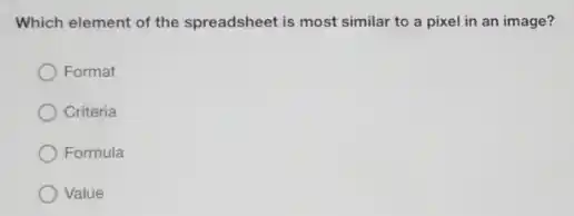 Which element of the spreadsheet is most similar to a pixel in an image?
Format
Criteria
Formula
Value