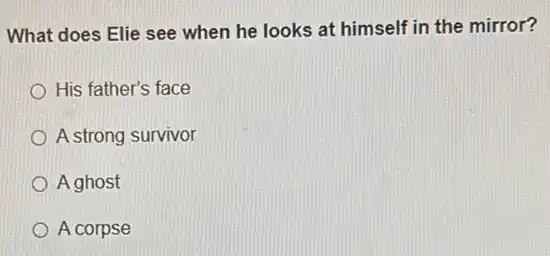 What does Elie see when he looks at himself in the mirror?
His father's face
A strong survivor
A ghost
A corpse