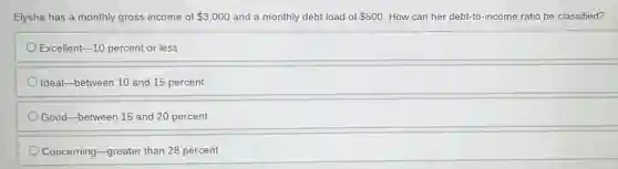 Elysha has a monthly gross income of 3,000 and a monthly debt load of 500 How can her debt-to-income ratio be classified?
Excellent -10 percent or less
Ideal-between 10 and 15 percent
Good-between 15 and 20 percent
Concerning-greater than 28 percent