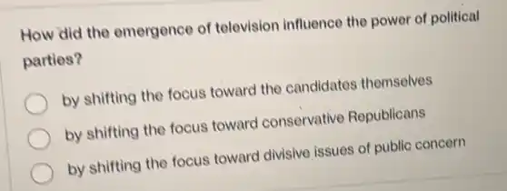 How did the emergence of television influence the power of political
parties?
by shifting the focus toward the candidates themselves
by shifting the focus toward conservative Republicans
by shifting the focus toward divisive issues of public concern