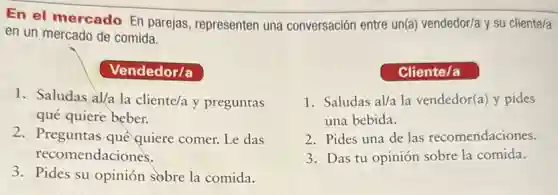En el mercado En parejas, representen una conversación entre un(a)vendedor/a y su cliente/a
en un mercado de comida.
Vendedor/a
1. Saludas al/a la cliente/a y preguntas
qué quiere beber.
2. Preguntas que quiere comer. Le das
recomendaciones.
3. Pides su opinión sobre la comida.
Cliente/a
1. Saludas al/a la vendedor(a) y pides
una bebida.
2. Pides una de las recomendaciones.
3. Das tu opinión sobre la comida.