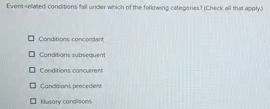 Event-related conditions fall under which of the following categories?(Check all that apply.)
Conditions concordant
Conditions subsequent
Conditions concurrent
Conditions precedent
Illusory conditions