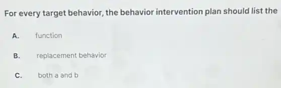 For every target behavior, the behavior intervention plan should list the
A.
function
B.
replacement behavior
C.
both a and b
