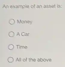 An example of an asset is:
Money
) A Car
Time
All of the above