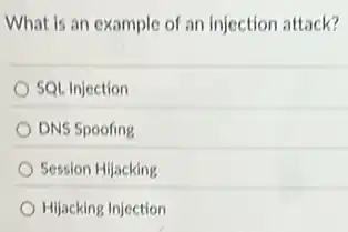 What is an example of an injection attack?
SQL Injection
DNS Spoofing
Session Hijacking
Hijacking Injection