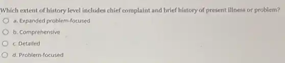 Which extent of history level includes chief complaint and brief history of present fillness or problem?
a. Expanded problem-focused
b. Comprehensive
c. Detailed
d. Problem-focused