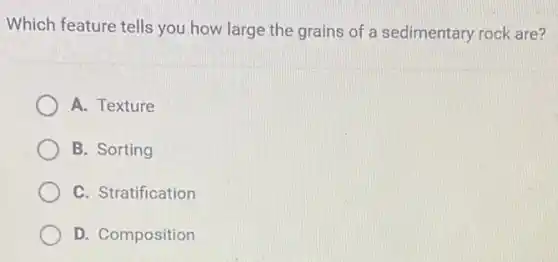 Which feature tells you how large the grains of a sedimentary rock are?
A. Texture
B. Sorting
C. Stratification
D. Composition
