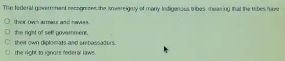 The federal government recognizes the sovereignty of many Indigenous tribes meaning that the tribes have
their own armies and navies.
the right of self government.
their own diplomats and ambassadors.
the right to ignore federal laws.