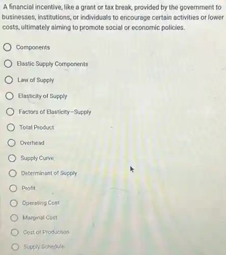 A financial incentive, like a grant or tax break, provided by the government to
businesses, institutions, or individuals to encourage certain activities or lower
costs, ultimately aiming to promote social or economic policies.
Components
Elastic Supply Components
Law of Supply
Elasticity of Supply
Factors of Elasticity-Supply
Total Product
Overhead
Supply Curve
Determinant of Supply
Profit
Operating Cost
Marginal Cost
Cost of Production
Supply Schedule