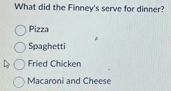 What did the Finney's serve for dinner?
Pizza
Spaghetti
Fried Chicken
Macaroni and Cheese
