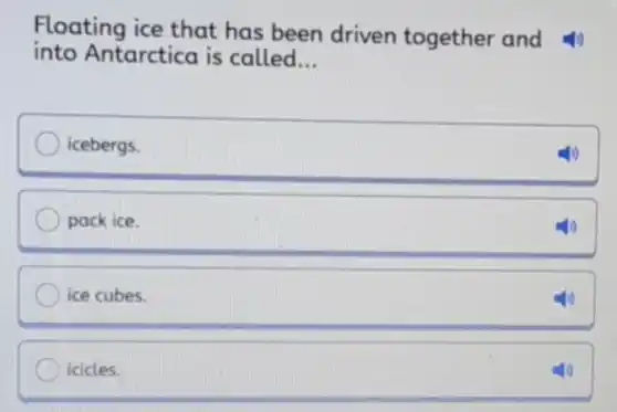 Floating ice that has been driven together and
into Antarctica is called __
bigcirc icebergs.
pack ice.
ice cubes.
icicles.