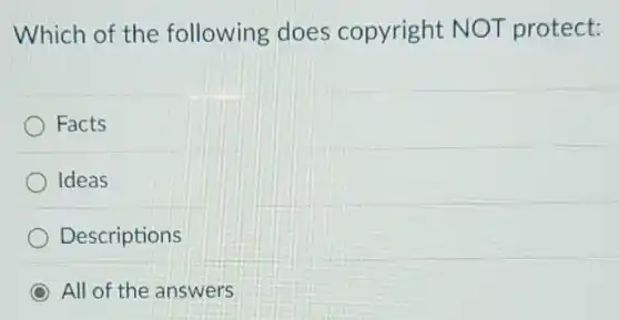 Which of the following does copyright NOT protect:
Facts
Ideas
Descriptions
All of the answers