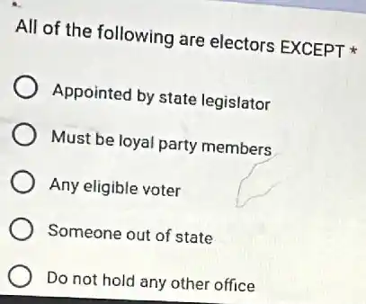 All of the following are electors EXCEPT
Appointed by state legislator
Must be loyal party members
Any eligible voter
Someone out of state
Do not hold any other office