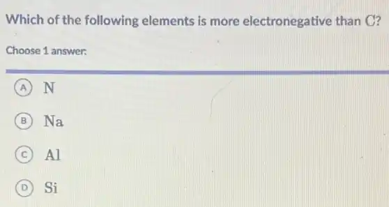 Which of the following elements is more electronegative than C?
Choose 1 answer:
A N
B Na
C Al
D Si