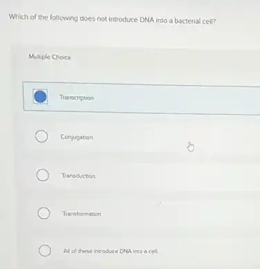 Which of the following does not introduce DNA into a bacterial cell?
Multiple Choice
Transcription
Conjugation
Transduction
Transformation
All of these introduce DNA into o cell.