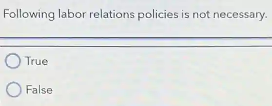 Following labor relations policies is not necessary.
True
False
