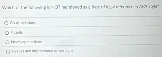 Which of the following is NOT mentioned as a type of legal reference in APA Style?
Court decisions
Patents
Newspaper articles
Treaties and international conventions