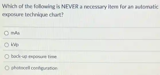 Which of the following is NEVER a necessary item for an automatic
exposure technique chart?
mAs
kVp
back-up exposure time
photocell configuration
