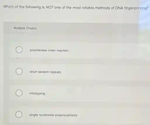 Which of the following is NOT one of the most reliable methods of DNA fingerprinting?
Multiple Choice
polymerase chain reaction
short tandem repeats
mitotyping
single nucleotide polymorphisms