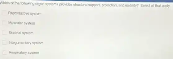 Which of the following organ systems provides structural support, protection, and mobility?Select all that apply.
Reproductive system
Muscular system
Skeletal system
Integumentary system
Respiratory system