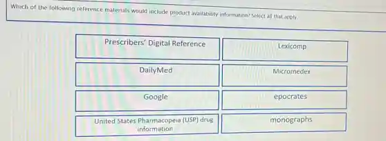 Which of the following reference materials would include product availability information? Select all that apply
Prescribers' Digital Reference
Lexicomp
DailyMed
Micromedex
Google
epocrates
United States Pharmacopeia (USP) drug
information
monographs