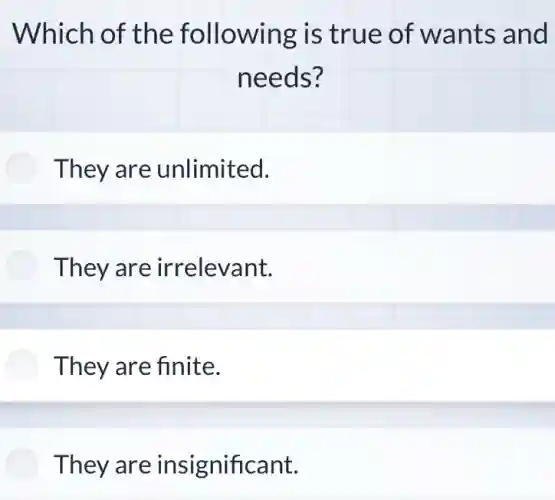 Which of the following is true of wants and
needs?
They are unlimited.
They are irrelevant.
They are finite.
They are insignificant.
