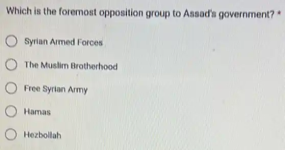 Which is the foremost opposition group to Assad's government?
Syrian Armed Forces
The Muslim Brotherhood
Free Syrian Army
Hamas
Hezbollah