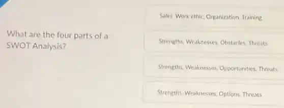 What are the four parts of a
SWOT Analysis?
Sales, Work ethic Organization, Training
Strengths, Weaknesses Obstacles,Threats
Strengths, Weaknesses Opportunities, Threats
Strengths, Weaknesses Options,Threats