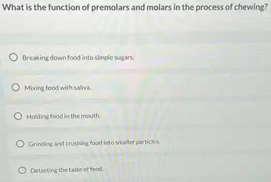 What is the function of premolars and molars in the process of chewing?
Breaking down food into simple sugars.
Mixing food with saliva.
Holding food in the mouth.
Grinding and crushing food into smaller particles.
Detecting the taste of food.