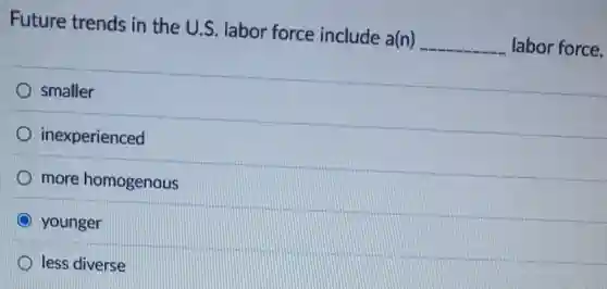Future trends in the U.S. labor force include a(n)
__ labor force.
smaller
inexperienced
more homogenous
younger
less diverse