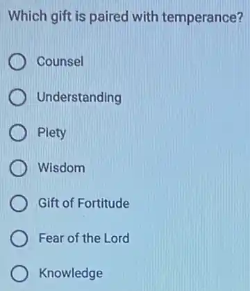 Which gift is paired with temperance?
Counsel
Understanding
Piety
Wisdom
Gift of Fortitude
Fear of the Lord
Knowledge