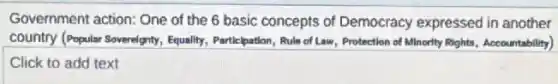 Government action: One of the 6 basic concepts of Democracy expressed in another
country (Popular Sovereignty Equality, Participation, Rule of Law, Protection of Minority Rights, Accountability)
Click to add text