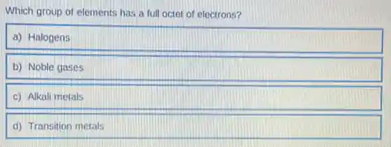 Which group of elements has a full octet of electrons?
a) Halogens
b) Noble gases
c) Alkali metals
d) Transition metals