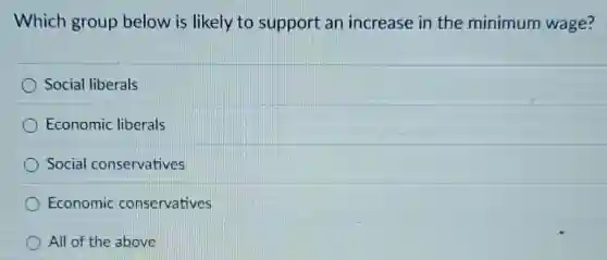 Which group below is likely to support an increase in the minimum wage?
Social liberals
Economic liberals
Social conservatives
Economic conservatives
All of the above