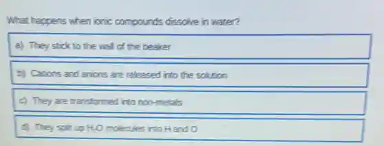 What happens when ionic compounds dissolve in water?
a) They stick to the wall of the beaker
b) Cations and anions are released into the solution
c) They are transformed into non-metals
d) They split up H_(2)O molecules into Hand