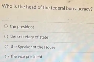 Who is the head of the federal bureaucracy?
the president
the secretary of state
the Speaker of the House
the vice president