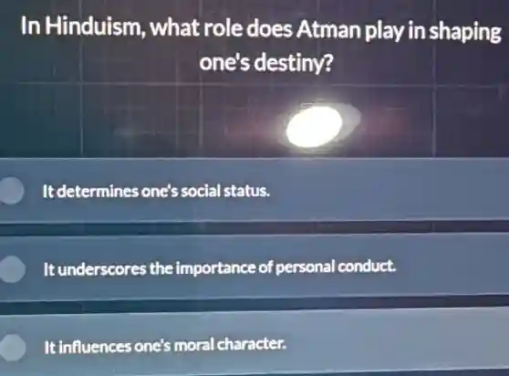 In Hinduism, what role does Atman play in shaping
one's destiny?
It determines one's socia I status.
It underscores the importance of personal conduct.
It influences one's moral character.