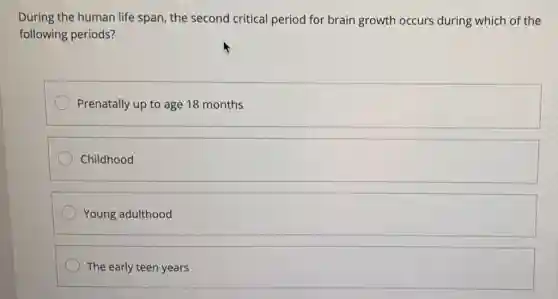 During the human life span, the second critical period for brain growth occurs during which of the
following periods?
Prenatally up to age 18 months
Childhood
Young adulthood
The early teen years