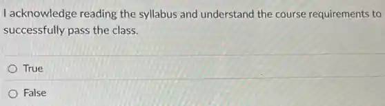 I acknowledge reading the syllabus and understand the course requirements to
successfully pass the class.
True
False