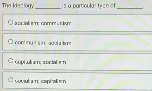 The ideology __ is a particular type of __
socialism; communism
communism; socialism
capitalism; socialism
socialism; capitalism