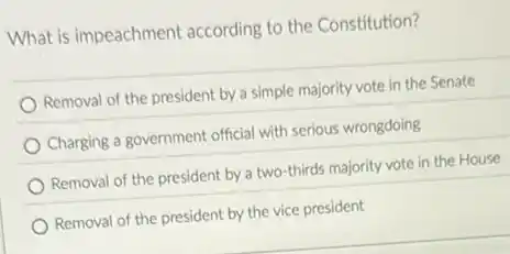 What is impeachment according to the Constitution?
Removal of the president by a simple majority vote in the Senate
Charging a government official with serious wrongdoing
Removal of the president by a two-thirds majority vote in the House
Removal of the president by the vice president