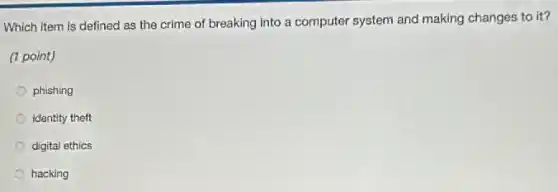 Which item is defined as the crime of breaking into a computer system and making changes to it?
(1 point)
phishing
identity theft
digital ethics
hacking