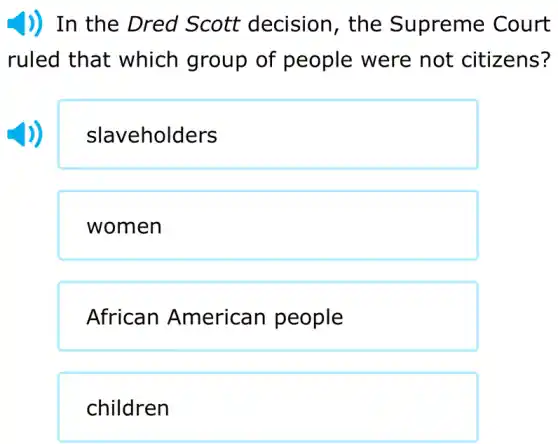 J) In the Dred Scott decision, the Supreme Court
ruled that which group of people were not citizens?
slaveholders
women
African American people
children