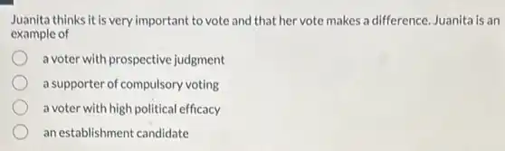 Juanita thinks it is very important to vote and that her vote makes a difference. Juanita is an
example of
a voter with prospective judgment
a supporter of compulsory voting
a voter with high political efficacy
an establishment candidate