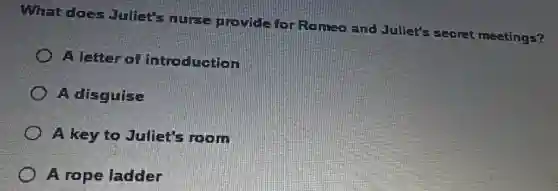 What does Juliet's nurse provide fo Romao and Juliet's secret meetings?
A letter of introduction
A disguise
A key to Juliet's room
A rope ladder