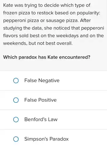 Kate was trying to decide which type of
frozen pizza to restock based on popularity:
pepperoni pizza or sausage pizza . After
studying the data , she noticed that pepperoni
flavors sold best on the weekdays and on the
weekends , but not best overall.
Which paradox has Kate encountered?
False Negative
False Positive
Benford's Law
Simpson's Paradox